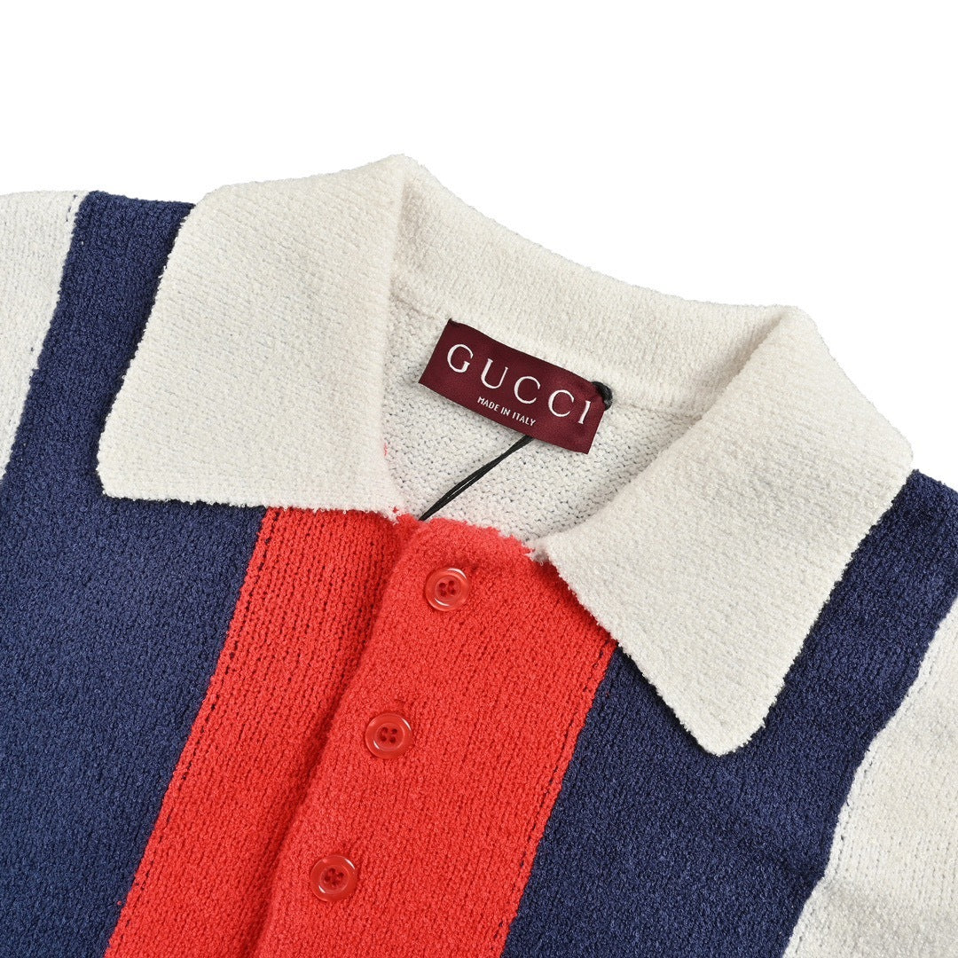 Gucci 24ss contrast striped stitching knitted Polo short sleeves
