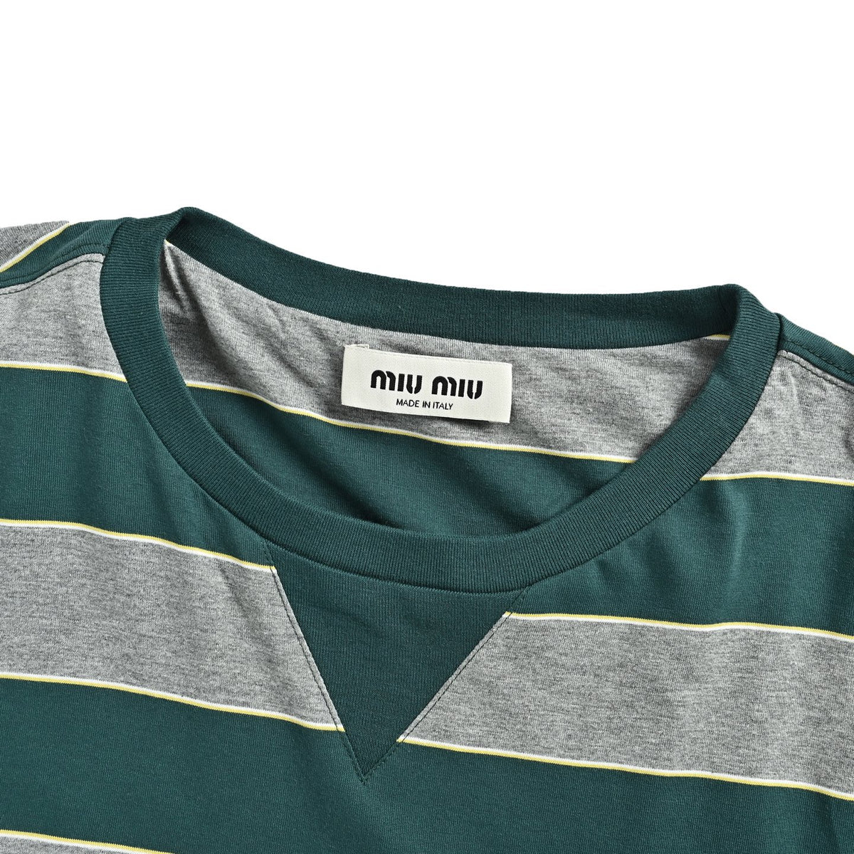 Miu Miu gray and green contrast striped crew neck sweatshirt