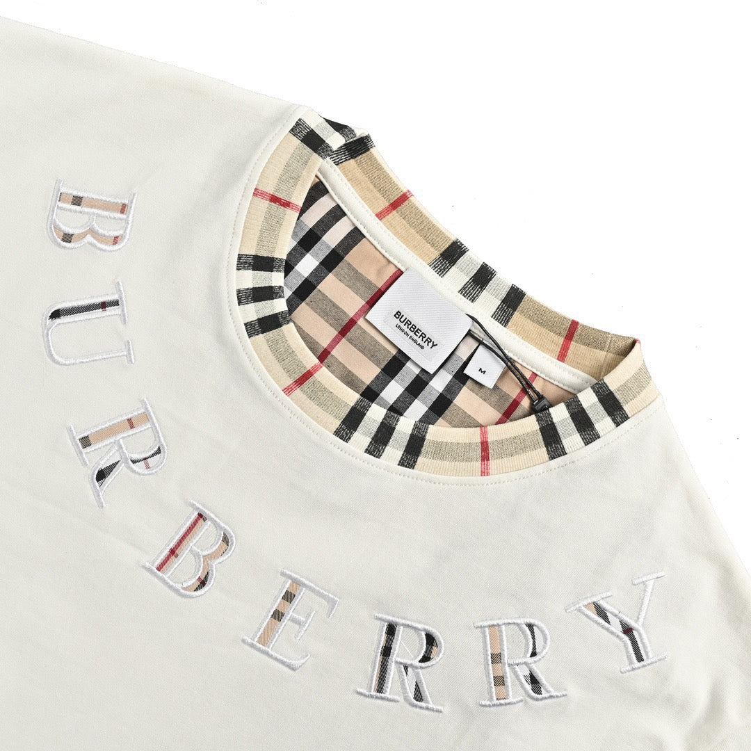Burberry 24ss plaid collar patchwork embroidered letter short sleeves