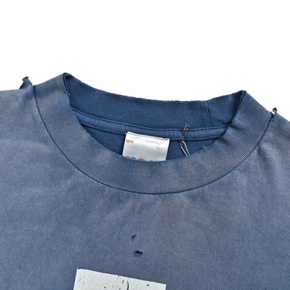 SAINT MICHAEL 25ss blue washed distressed slogan printed short sleeves