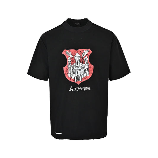 Balenciaga reverse-wear castle print ripped short-sleeves