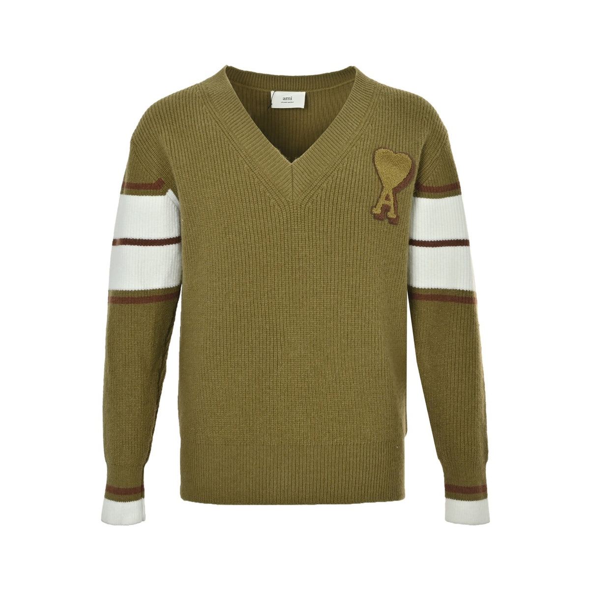 Ami 25Fw V-neck sweater with towel embroidered heart on the chest