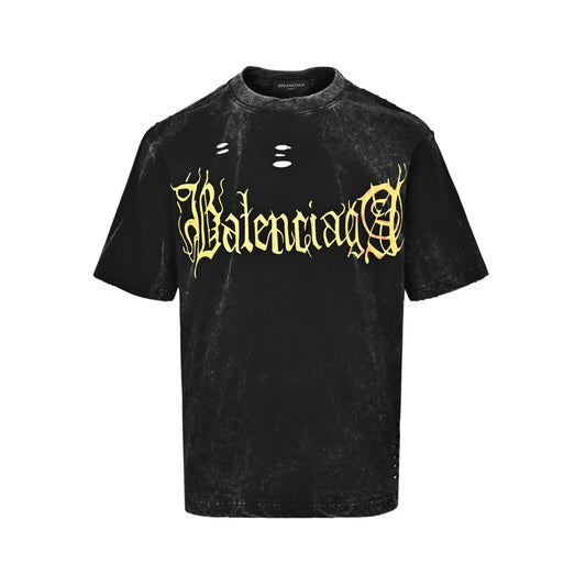 Balenciaga washed Sanskrit letter print destroyed round neck short sleeves