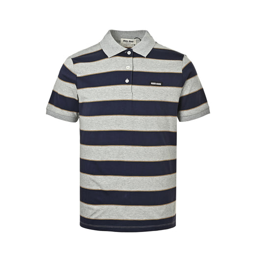 Miu Miu gray and blue striped Polo short sleeves