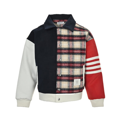 Thom Browne/Thom Brown patchwork plaid four-bar baseball jacket