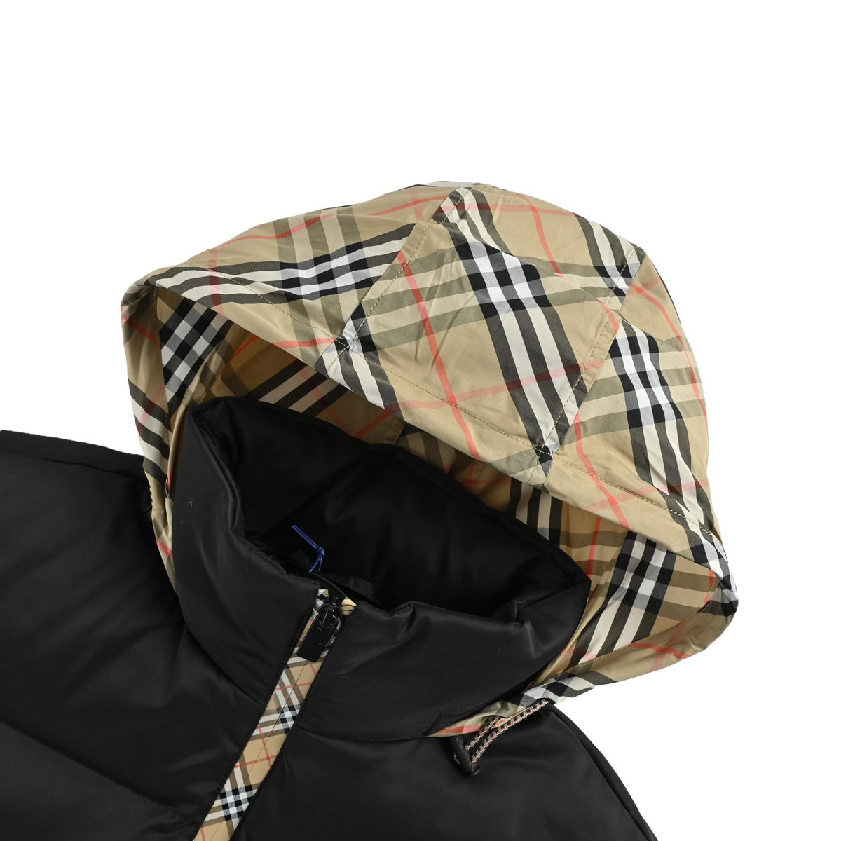 Burberry hidden hood plaid placket down jacket