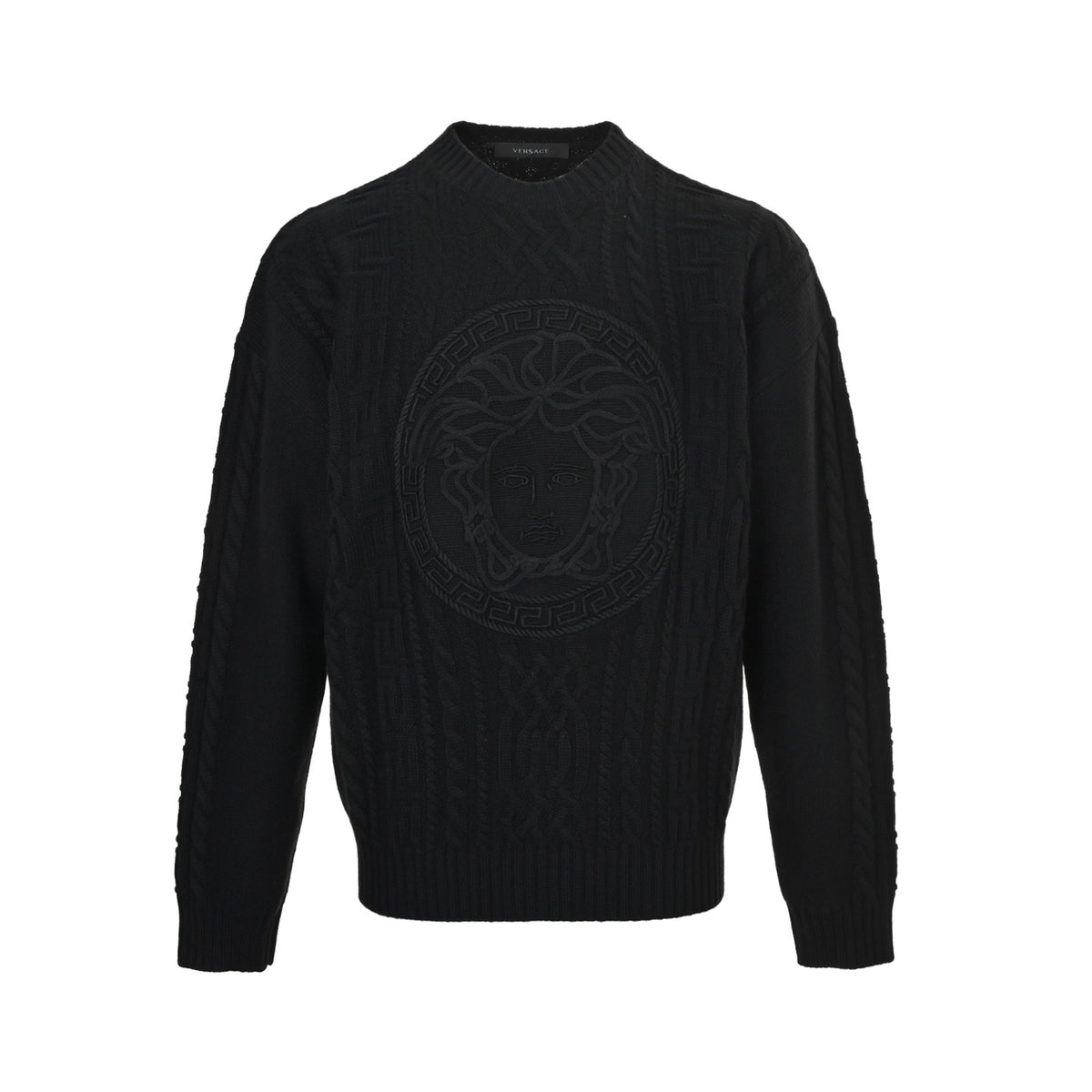 VERSACE cable jacquard embroidered crew neck sweater