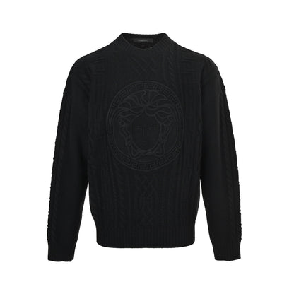 VERSACE cable jacquard embroidered crew neck sweater
