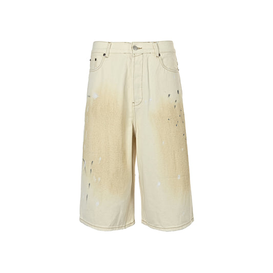 Acne Studios white mud-dyed splash-ink distressed cropped denim shorts
