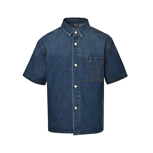 Louis Vuitton pocket logo embroidered short-sleeved denim shirt