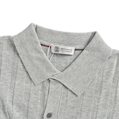 BRUNELLO CUCINELLI BC light gray vertical striped ribbed knit short-sleeved cardigan