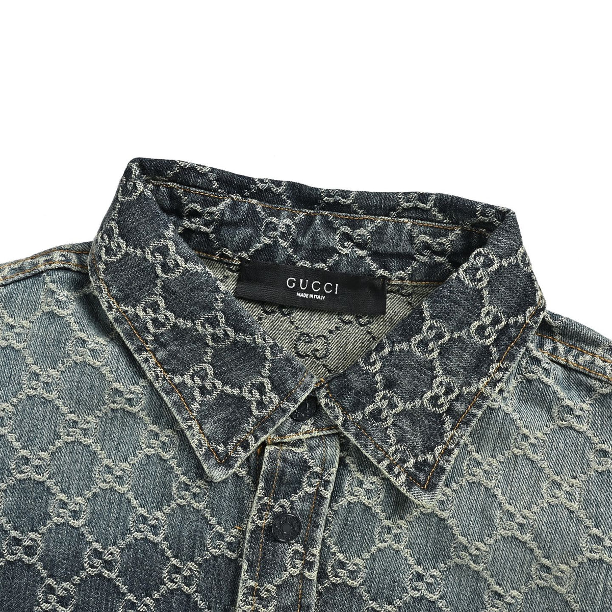 Gucci 26ss full-frame GG jacquard suit denim short-sleeved shirt