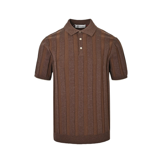 BRUNELLO CUCINELLI/BC vertical lapel ribbed cotton and linen knitted Polo short sleeves