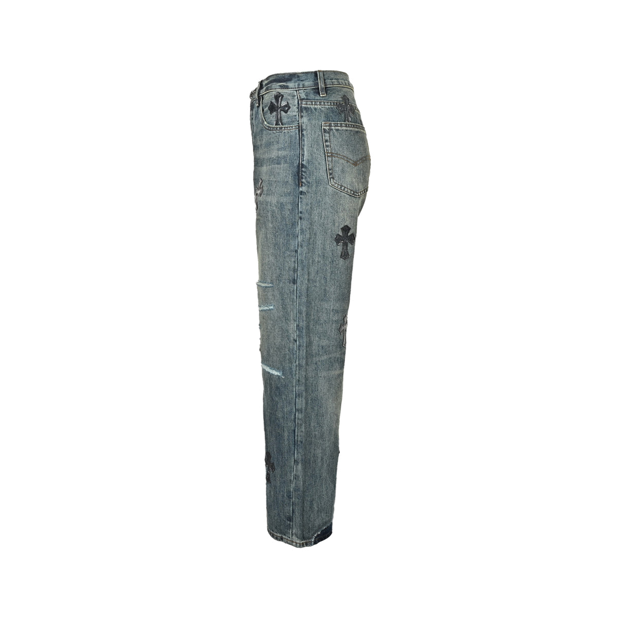 CHROME HEARTS cross leather label distressed jeans