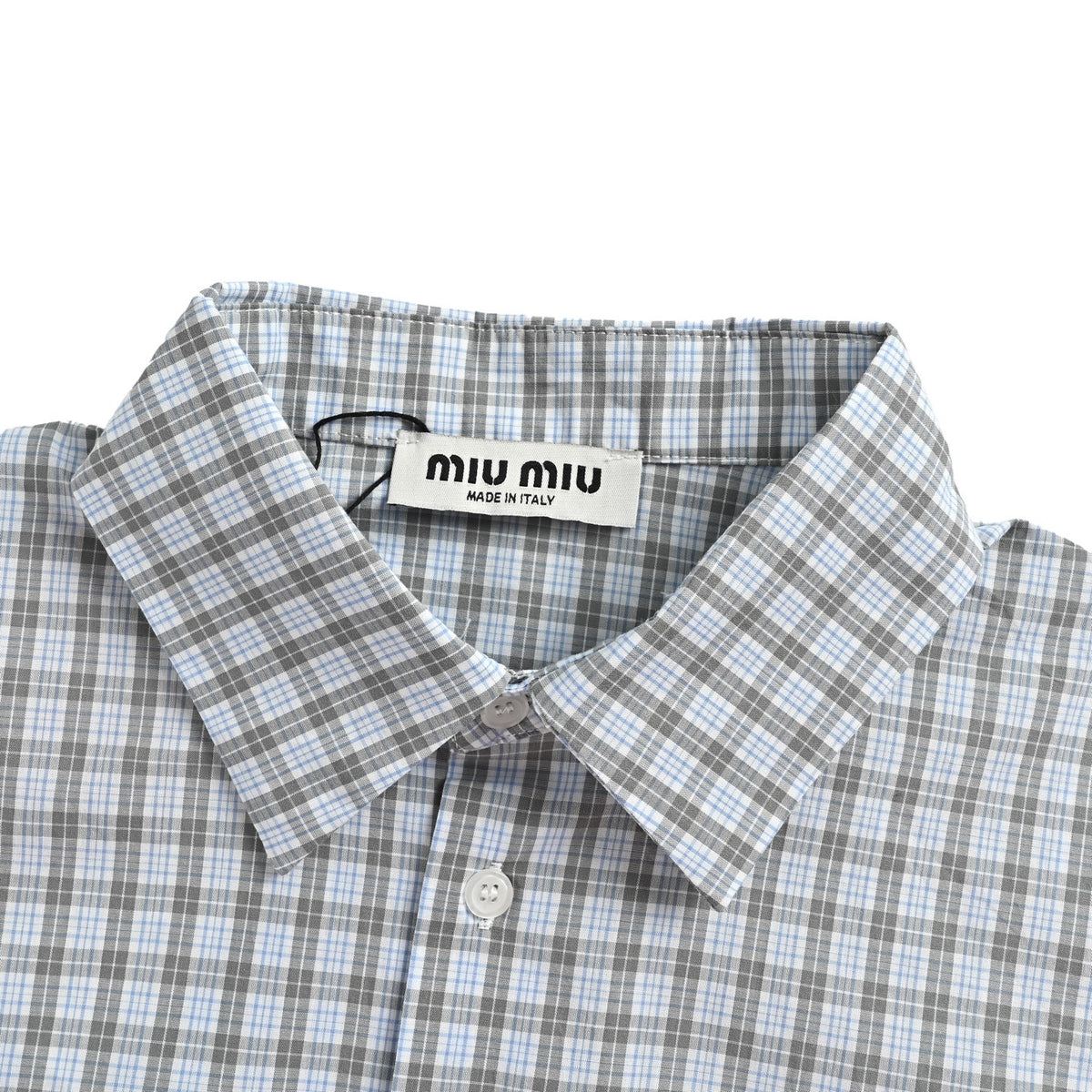Miu Miu blue and gray fine plaid short-sleeved shirt