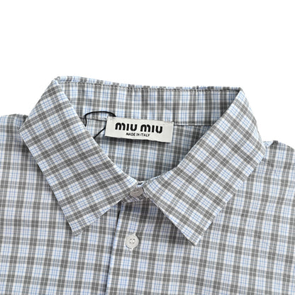 Miu Miu blue and gray fine plaid short-sleeved shirt