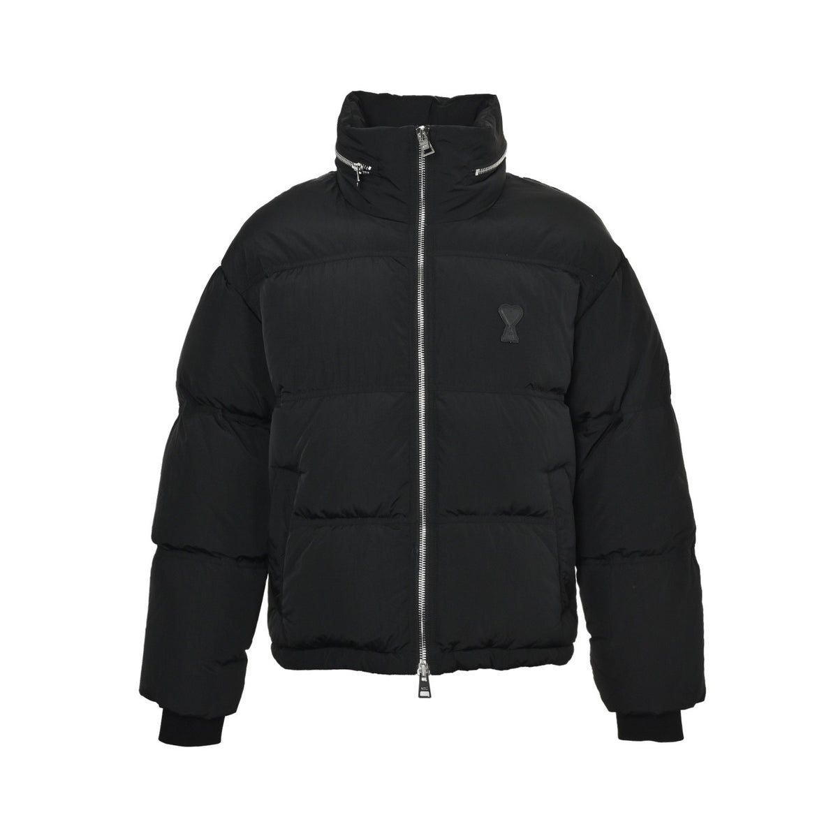 Ami leather label love hidden hood stand collar down jacket