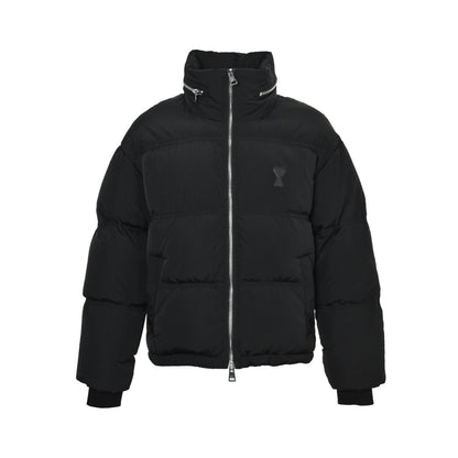 Ami leather label love hidden hood stand collar down jacket