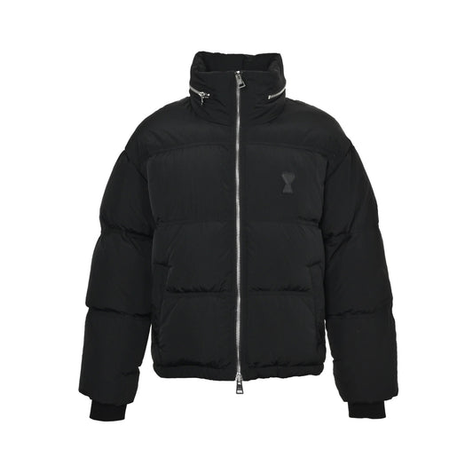 Ami leather label love hidden hood stand collar down jacket