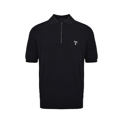 Prada 25ss embroidered logo half-zip knitted Polo short sleeves