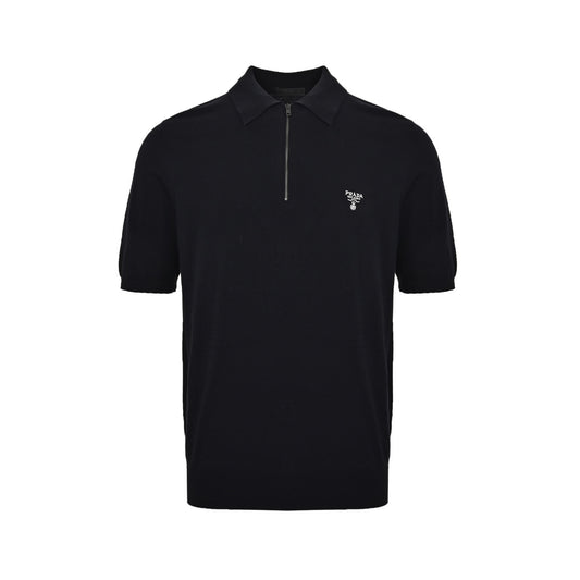 Prada 25ss embroidered logo half-zip knitted Polo short sleeves