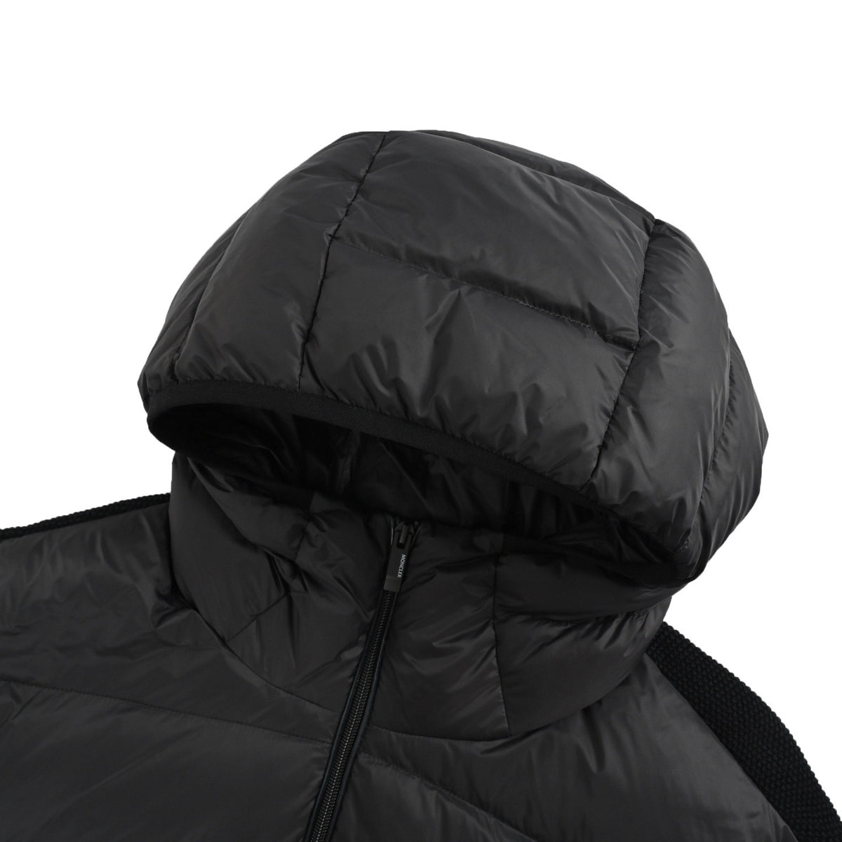 Moncler/hooded brim embroidered wool patchwork hooded down jacket