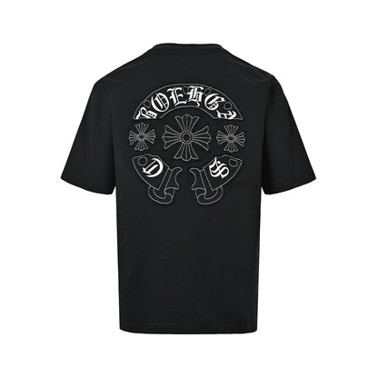 Chrome Hearts/Chrome Heart Heavy Horseshoe Patch Embroidered Round Neck Short Sleeve