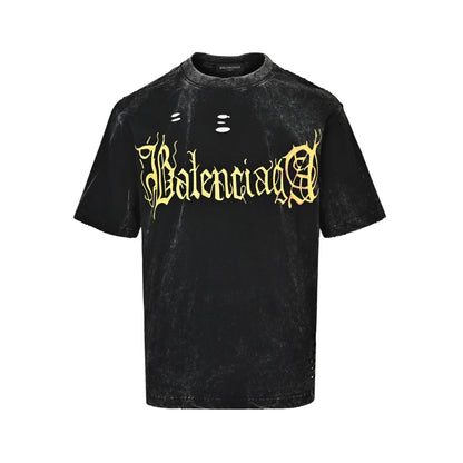Balenciaga washed Sanskrit letter print destroyed round neck short sleeves