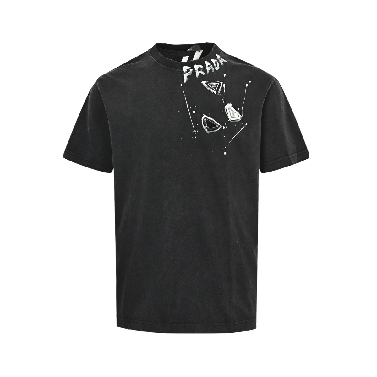 Prada hand-painted letters washed triangle logo round neck short sleeves