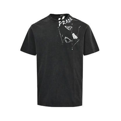 Prada hand-painted letters washed triangle logo round neck short sleeves