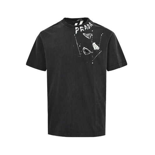 Prada hand-painted letters washed triangle logo round neck short sleeves