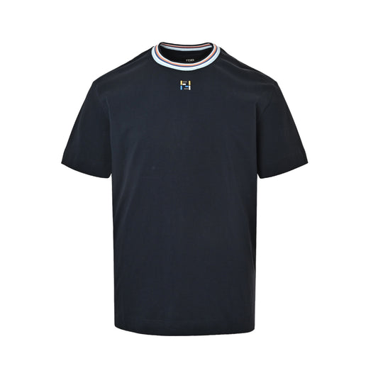 Fendi color stripe collar FF letter embroidered short sleeves