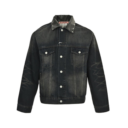 Acne Studios 25Fw embroidered monogram logo leather collar washed denim jacket