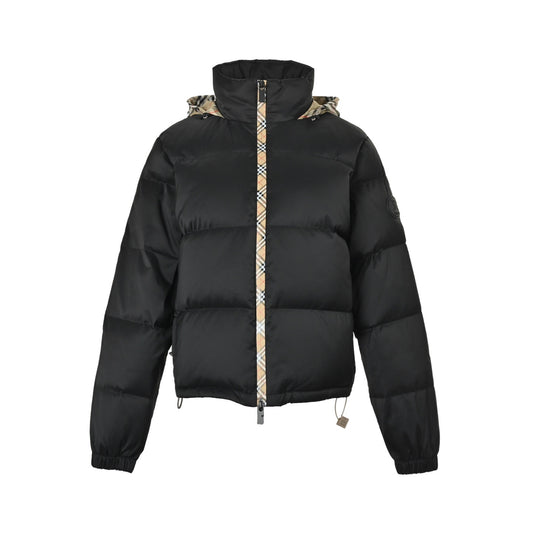 Burberry hidden hood plaid placket down jacket