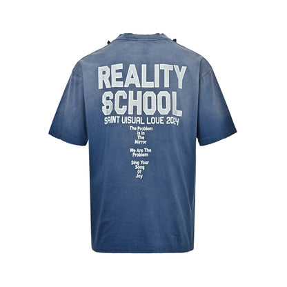 SAINT MICHAEL 25ss blue washed distressed slogan printed short sleeves
