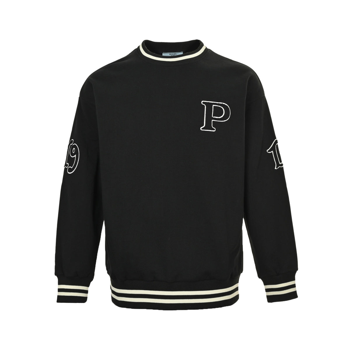 Prada 25Fw contrasting threaded patch letter embroidered round neck sweatshirt