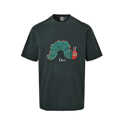 Dior forest dark green childlike caterpillar three-dimensional embroidery short sleeves