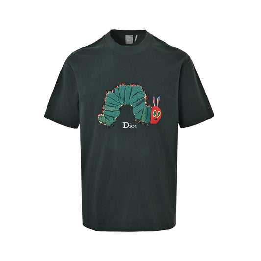 Dior forest dark green childlike caterpillar three-dimensional embroidery short sleeves