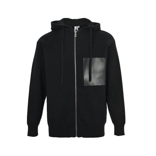 Loewe/Loewei leather pocket wool zipper hooded jacket