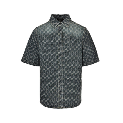 Gucci 26ss full-frame GG jacquard suit denim short-sleeved shirt