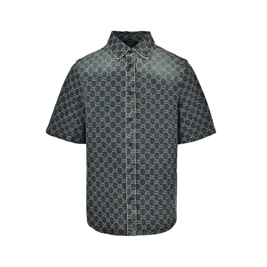 Gucci 26ss full-frame GG jacquard suit denim short-sleeved shirt