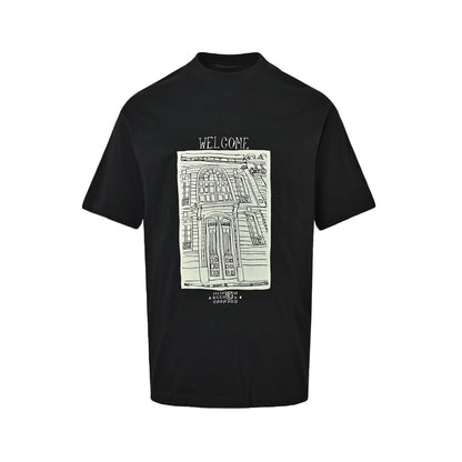 Maison Margiela retro architectural hand-painted printed round neck short sleeves