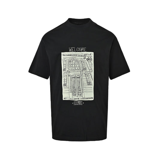 Maison Margiela retro architectural hand-painted printed round neck short sleeves