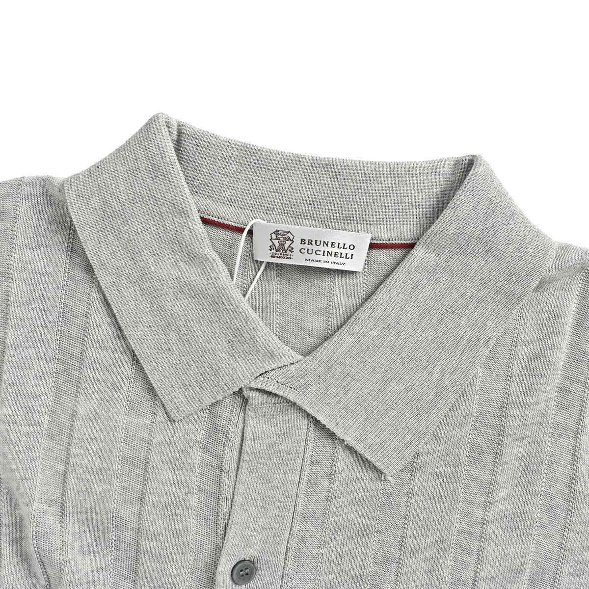 BRUNELLO CUCINELLI BC light gray vertical striped ribbed knit short-sleeved cardigan