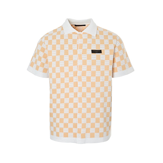 Louis Vuitton 26ss leather label checkerboard jacquard knitted short-sleeved shirt