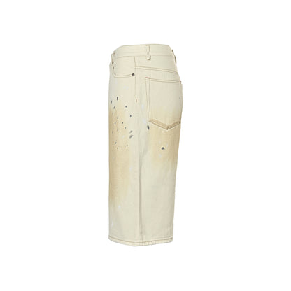 Acne Studios white mud-dyed splash-ink distressed cropped denim shorts