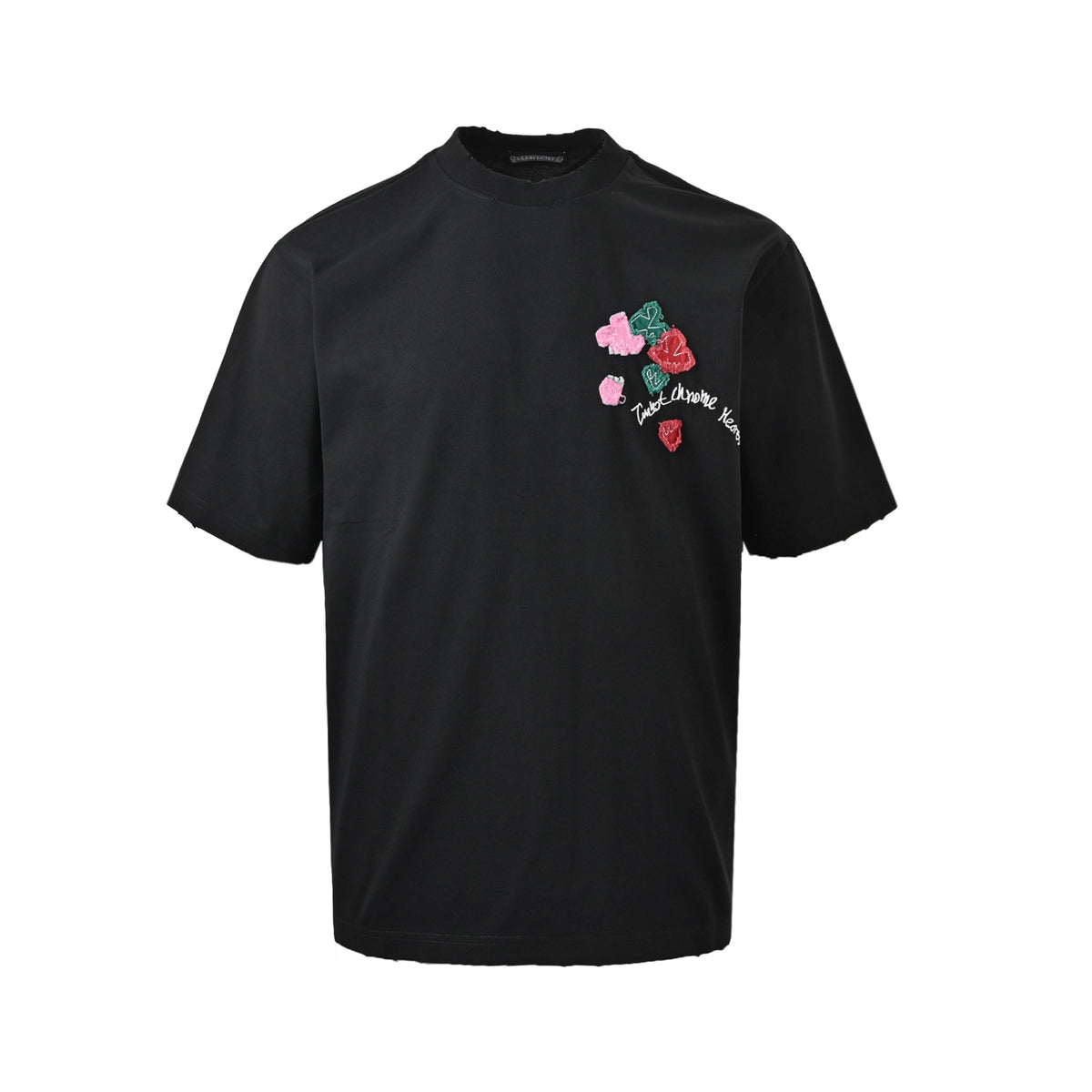 Chrome Hearts/Chrome Heart Heavy Flower Patch Embroidery Round Neck Short Sleeves