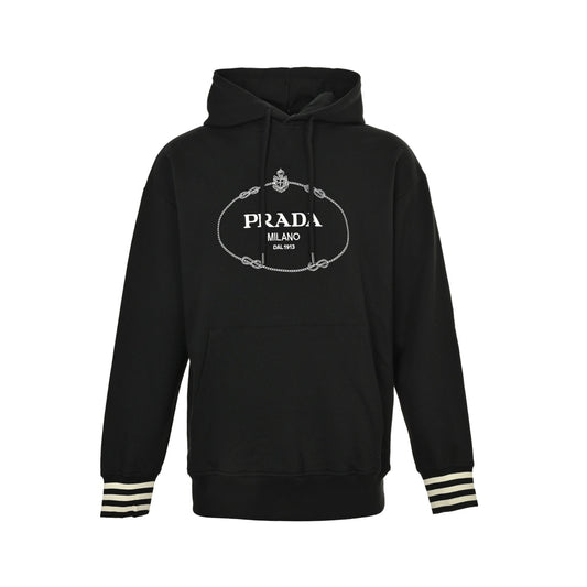 Prada 25Fw logo embroidered cuffs striped hooded sweatshirt
