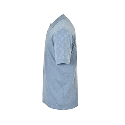 Louis Vuitton light blue old flower all-over printed jacquard knitted Polo short sleeves