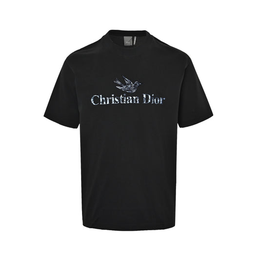 Dior ink bird print letter short sleeves